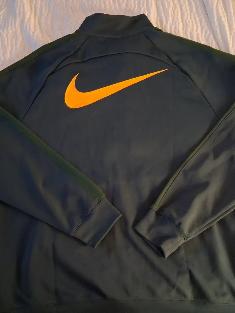 Nike Men's Dark Green Full-Zip Performance Jacket with Orange Swoosh